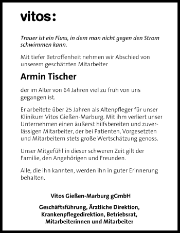 Traueranzeige von Armin Tischer von Giessener Allgemeine, Alsfelder Allgemeine