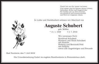 Traueranzeige von Auguste Schubert von Wetterauer Zeitung, Wetterauer Zeitung