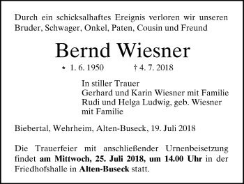 Traueranzeige von Bernd Wiesner von Giessener Allgemeine, Alsfelder Allgemeine