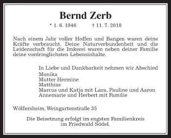 Traueranzeige von Bernd Zerb von Wetterauer Zeitung, Wetterauer Zeitung