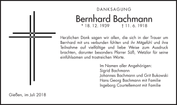 Traueranzeige von Bernhard Bachmann von Giessener Allgemeine, Alsfelder Allgemeine
