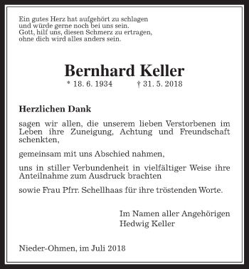 Traueranzeige von Bernhard Keller von Mücker Stimme