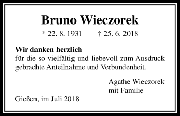 Traueranzeige von Bruno Wieczorek von Giessener Allgemeine, Alsfelder Allgemeine
