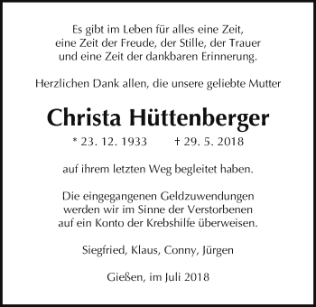 Traueranzeige von Christa Hüttenberger von Giessener Allgemeine, Alsfelder Allgemeine