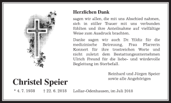 Traueranzeige von Christel Speier von Giessener Allgemeine, Alsfelder Allgemeine