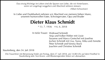 Traueranzeige von Dieter Klaus Schmidt von Giessener Allgemeine, Alsfelder Allgemeine