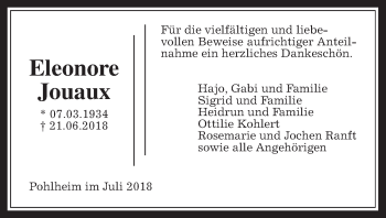 Traueranzeige von Eleonore Jouaux von Giessener Allgemeine, Alsfelder Allgemeine, Wetterauer Zeitung, Wetterauer Zeitung