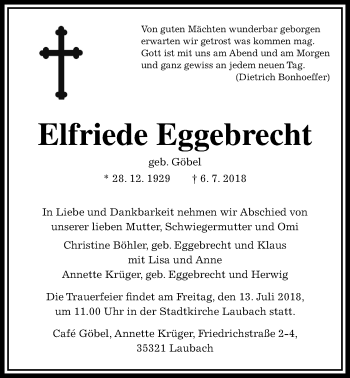 Traueranzeige von Elfriede Eggebrecht von Giessener Allgemeine, Alsfelder Allgemeine, Laubacher Anzeiger