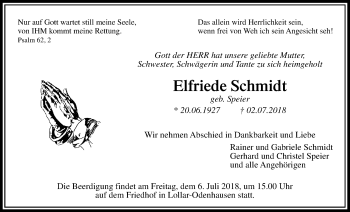 Traueranzeige von Elfriede Schmidt von Giessener Allgemeine, Alsfelder Allgemeine