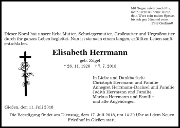 Traueranzeige von Elisabeth Herrmann von Giessener Allgemeine, Alsfelder Allgemeine