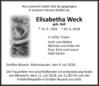 Traueranzeige von Elisabetha Weck von Giessener Allgemeine, Alsfelder Allgemeine