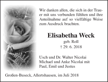 Traueranzeige von Elisabetha Weck von Giessener Allgemeine, Alsfelder Allgemeine
