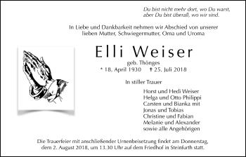 Traueranzeige von Elli Weiser von Wetterauer Zeitung, Wetterauer Zeitung