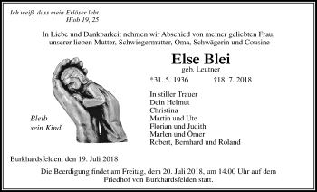 Traueranzeige von Else Blei von Giessener Allgemeine, Alsfelder Allgemeine