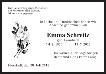 Traueranzeige von Emma Schreitz von Wetterauer Zeitung, Wetterauer Zeitung