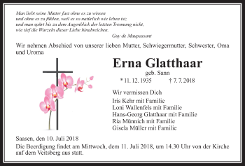 Traueranzeige von Erna Glatthaar von Giessener Allgemeine, Alsfelder Allgemeine