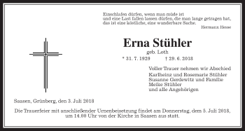 Traueranzeige von Erna Stühler von Giessener Allgemeine, Alsfelder Allgemeine