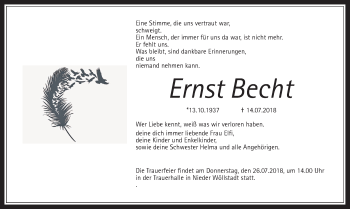 Traueranzeige von Ernst Becht von Wetterauer Zeitung, Wetterauer Zeitung