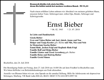 Traueranzeige von Ernst Bieber von Giessener Allgemeine, Alsfelder Allgemeine