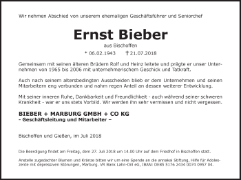 Traueranzeige von Ernst Bieber von Giessener Allgemeine, Alsfelder Allgemeine