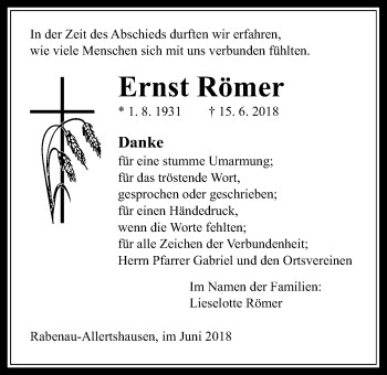 Traueranzeige von Ernst Römer von Rabenauer Zeitung