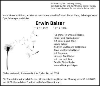 Traueranzeige von Erwin Balser von Giessener Allgemeine, Alsfelder Allgemeine