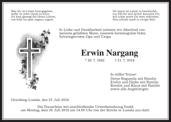 Traueranzeige von Erwin Nargang von Giessener Allgemeine, Alsfelder Allgemeine