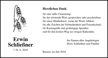 Traueranzeige von Erwin Schließner von Giessener Allgemeine, Alsfelder Allgemeine