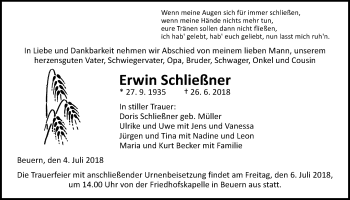 Traueranzeige von Erwin Schließner von Giessener Allgemeine, Alsfelder Allgemeine