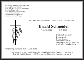 Traueranzeige von Ewald Schneider von Giessener Allgemeine, Alsfelder Allgemeine