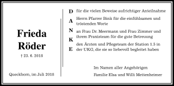 Traueranzeige von Frieda Röder von Giessener Allgemeine, Alsfelder Allgemeine