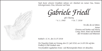 Traueranzeige von Gabriele Friedl von Wetterauer Zeitung, Wetterauer Zeitung