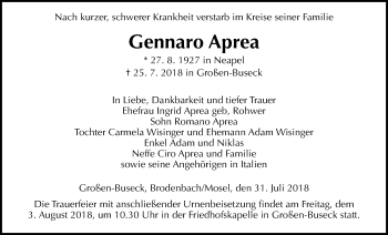 Traueranzeige von Gennaro Aprea von Giessener Allgemeine, Alsfelder Allgemeine