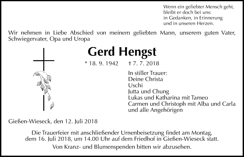  Traueranzeige für Gerd Hengst vom 12.07.2018 aus Giessener Allgemeine, Alsfelder Allgemeine
