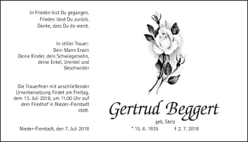 Traueranzeige von Gertrud Beggert von Wetterauer Zeitung, Wetterauer Zeitung