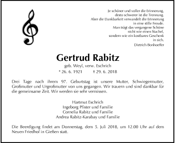 Traueranzeige von Gertrud Rabitz von Giessener Allgemeine, Alsfelder Allgemeine