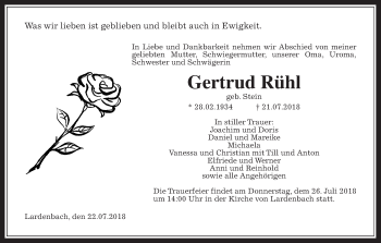 Traueranzeige von Gertrud Rühl von Giessener Allgemeine, Alsfelder Allgemeine