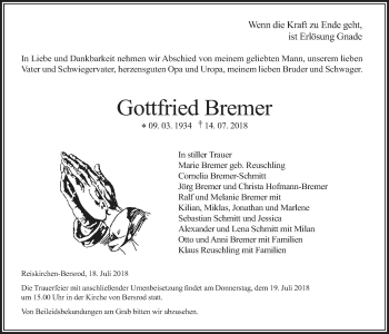Traueranzeige von Gottfried Bremer von Giessener Allgemeine, Alsfelder Allgemeine