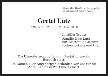 Traueranzeige von Gretel Lutz von Wetterauer Zeitung, Wetterauer Zeitung