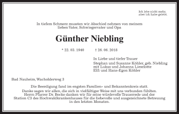 Traueranzeige von Günther Niebling von Wetterauer Zeitung, Wetterauer Zeitung