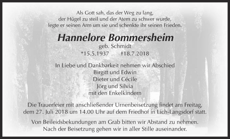  Traueranzeige für Hannelore Bommersheim vom 26.07.2018 aus Licher Wochenblatt, Licher Wochenblatt, Licher Wochenblatt