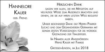 Traueranzeige von Hannelore Kauer von Giessener Allgemeine, Alsfelder Allgemeine
