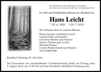 Traueranzeige von Hans Leicht von Giessener Allgemeine, Alsfelder Allgemeine