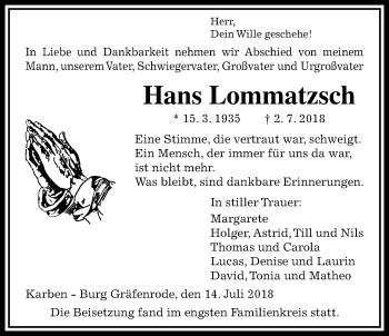 Traueranzeige von Hans Lommatzsch von Wetterauer Zeitung, Wetterauer Zeitung