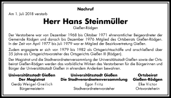 Traueranzeige von Hans Steinmüller von Giessener Allgemeine, Alsfelder Allgemeine