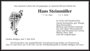 Traueranzeige von Hans Steinmüller von Giessener Allgemeine, Alsfelder Allgemeine