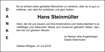 Traueranzeige von Hans Steinmüller von Giessener Allgemeine, Alsfelder Allgemeine