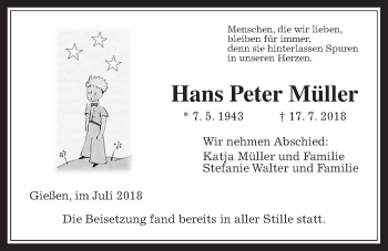 Traueranzeige von Hans Peter Müller von Giessener Allgemeine, Alsfelder Allgemeine