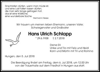 Traueranzeige von Hans Ulrich Schlapp von Licher Wochenblatt, Licher Wochenblatt, Licher Wochenblatt