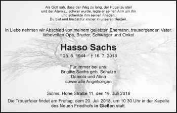 Traueranzeige von Hasso Sachs von Giessener Allgemeine, Alsfelder Allgemeine
